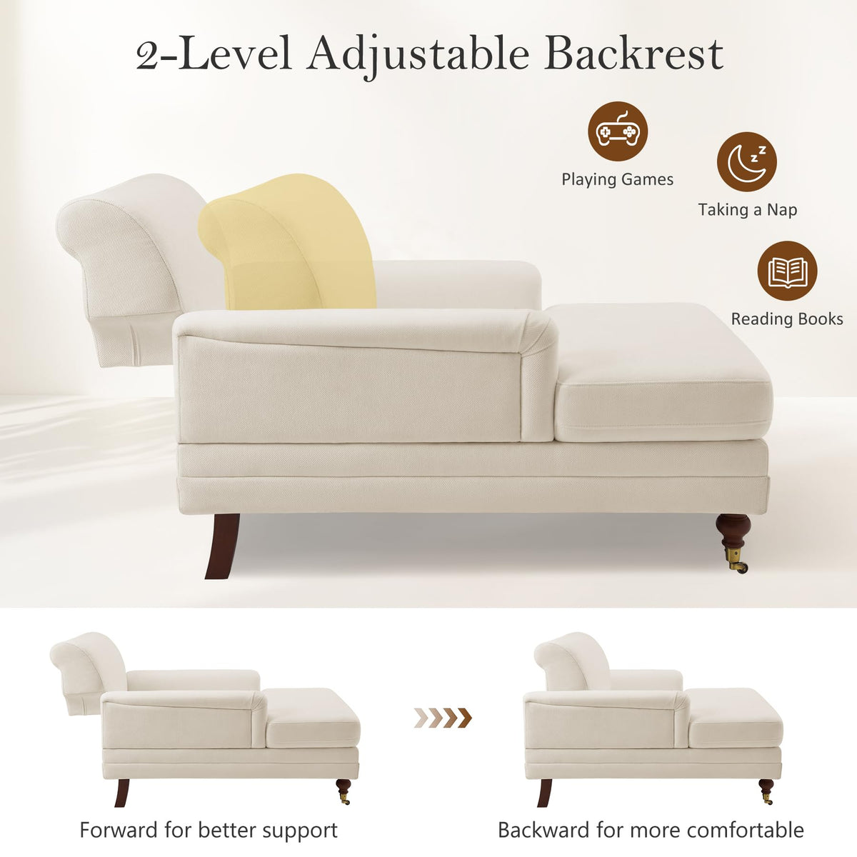 VANOMi 59.45'' Chaise Lounge Chair with Adjustable Backrest, Chenille Beige