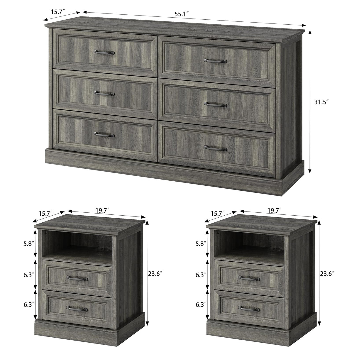 Gray Farmhouse Dresser & Nightstand Set