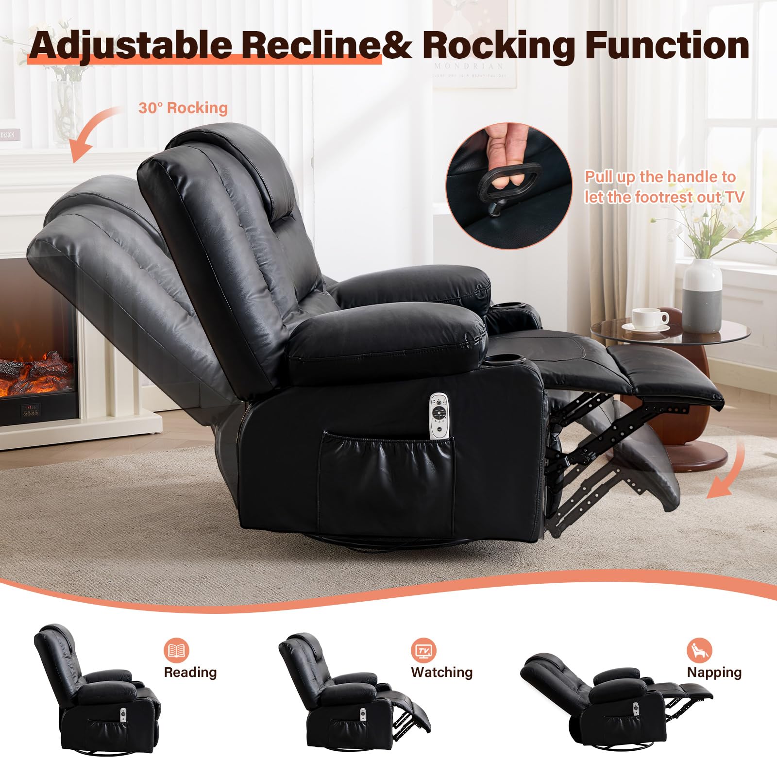MAHOMICO Swivel Rocker Recliner Chair with Vibration Massage and Heat for Living Room,with Rocking Function and Side Pocket, PU Leather USB Charge Port,2 Cup Holders