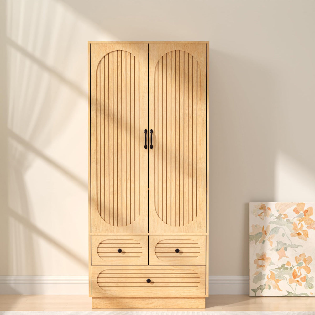 Fluted Wardrobe Armoire with 3 Drawers