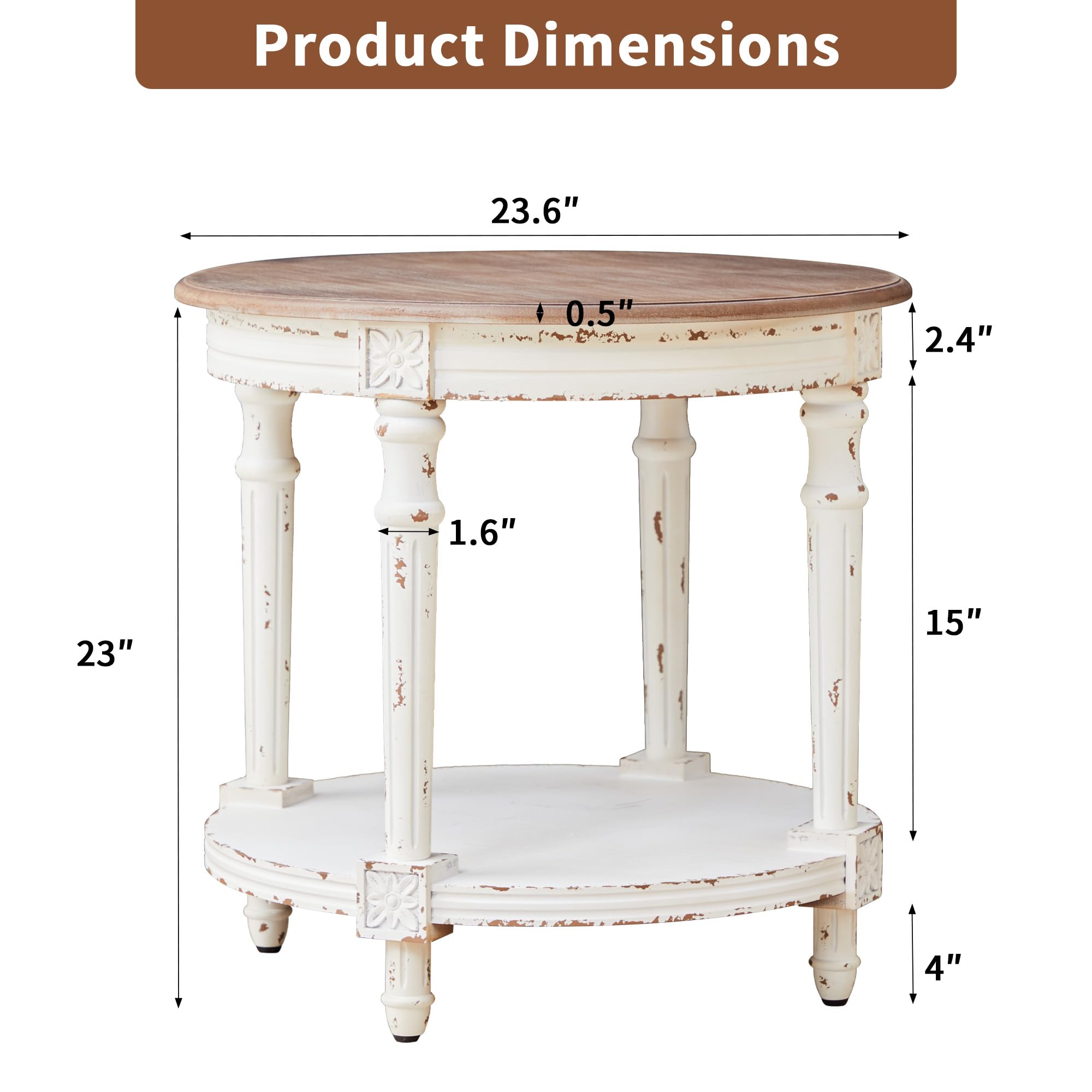 BERRYMERRY 23.6" French Country Two Tone Round End Table,Chipped White Vintage 2 Tier Side Table for Living Room Small Space,Easy Assembly (White 1 PC)