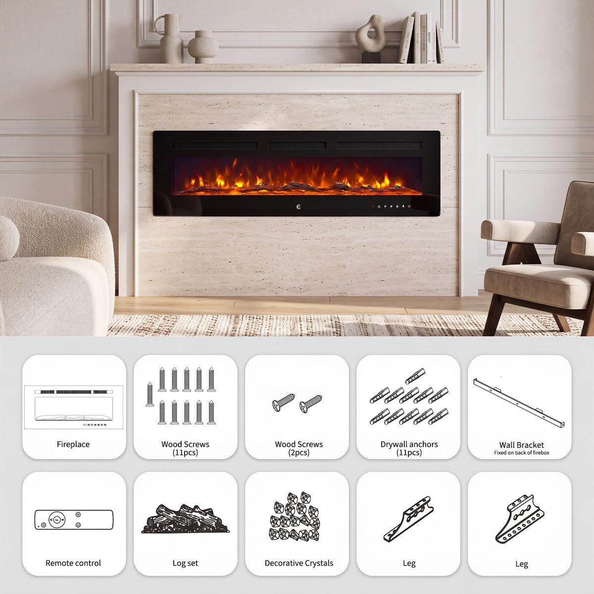 BINMIT 70 Inch Recessed and Wall Mounted Linear Electric Fireplace Insert