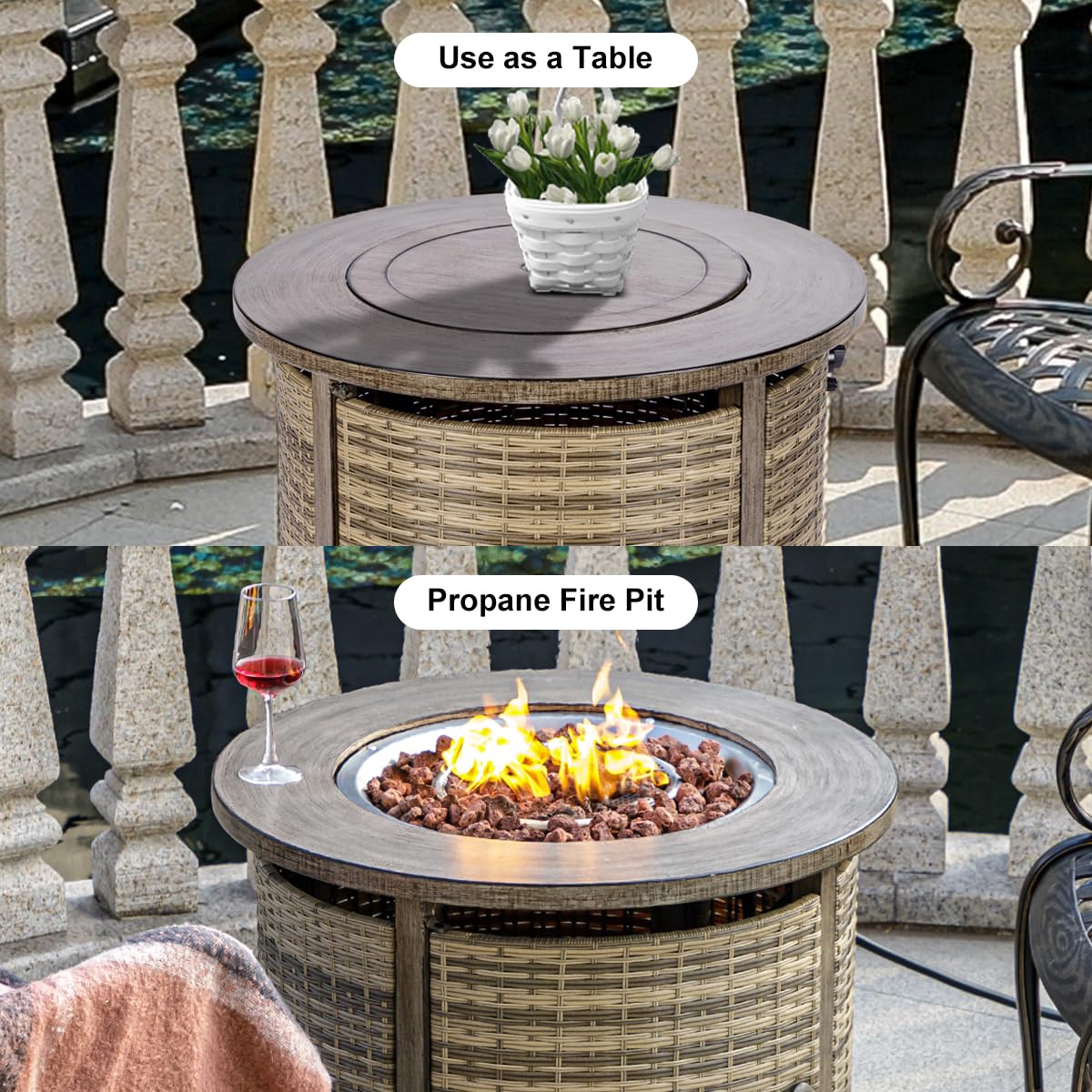 OutVue 32 inch Wicker Rattan Propane Fire Pit Table, 50000 BTU Gas Fire Pit