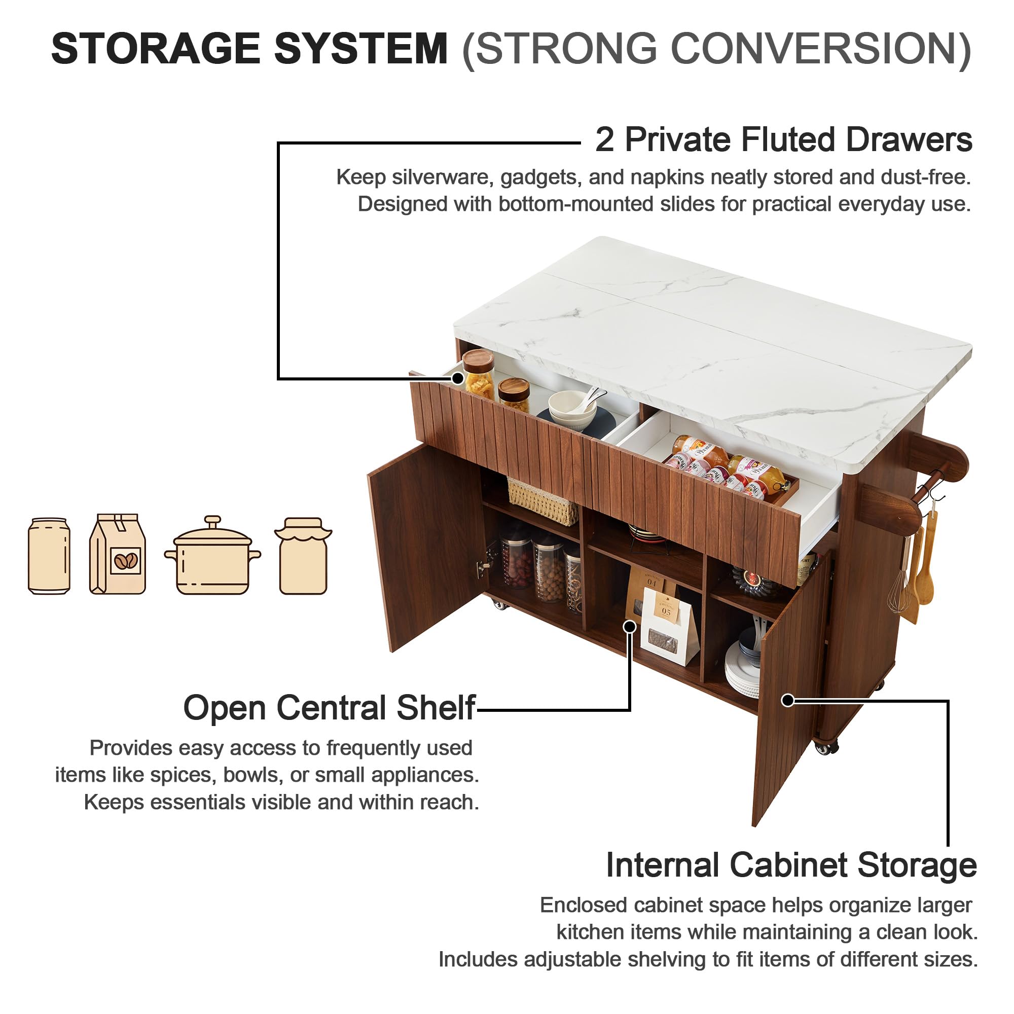 weselon 47" Mobile Kitchen Island with Storage & Drop Leaf, Rolling Kitchen Cart on Wheels with 2 Drawers, Adjustable Shelves, Towel Rack & Hooks, Faux Marble Top Island Table for Kitchen (Walnut)