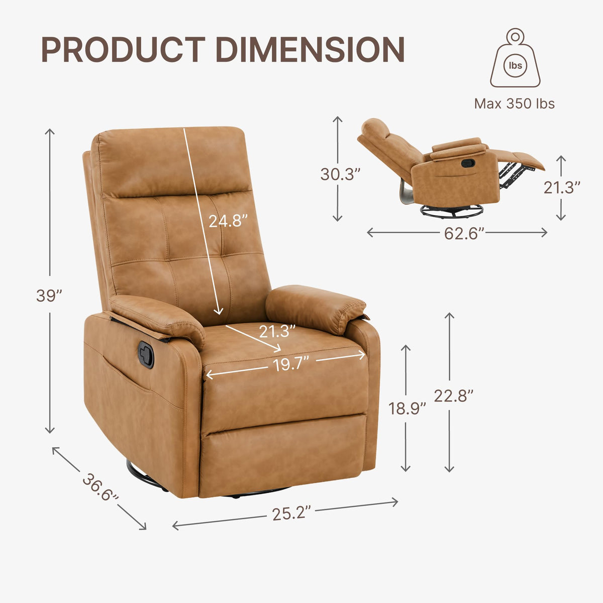 KISLOT Compact Manual Swivel Recliner with Cup Holder, 360° Rotating Armchair Gentle Sway Living Room Chair with Foldable Tray Table Dual Cup Holders for Small Spaces