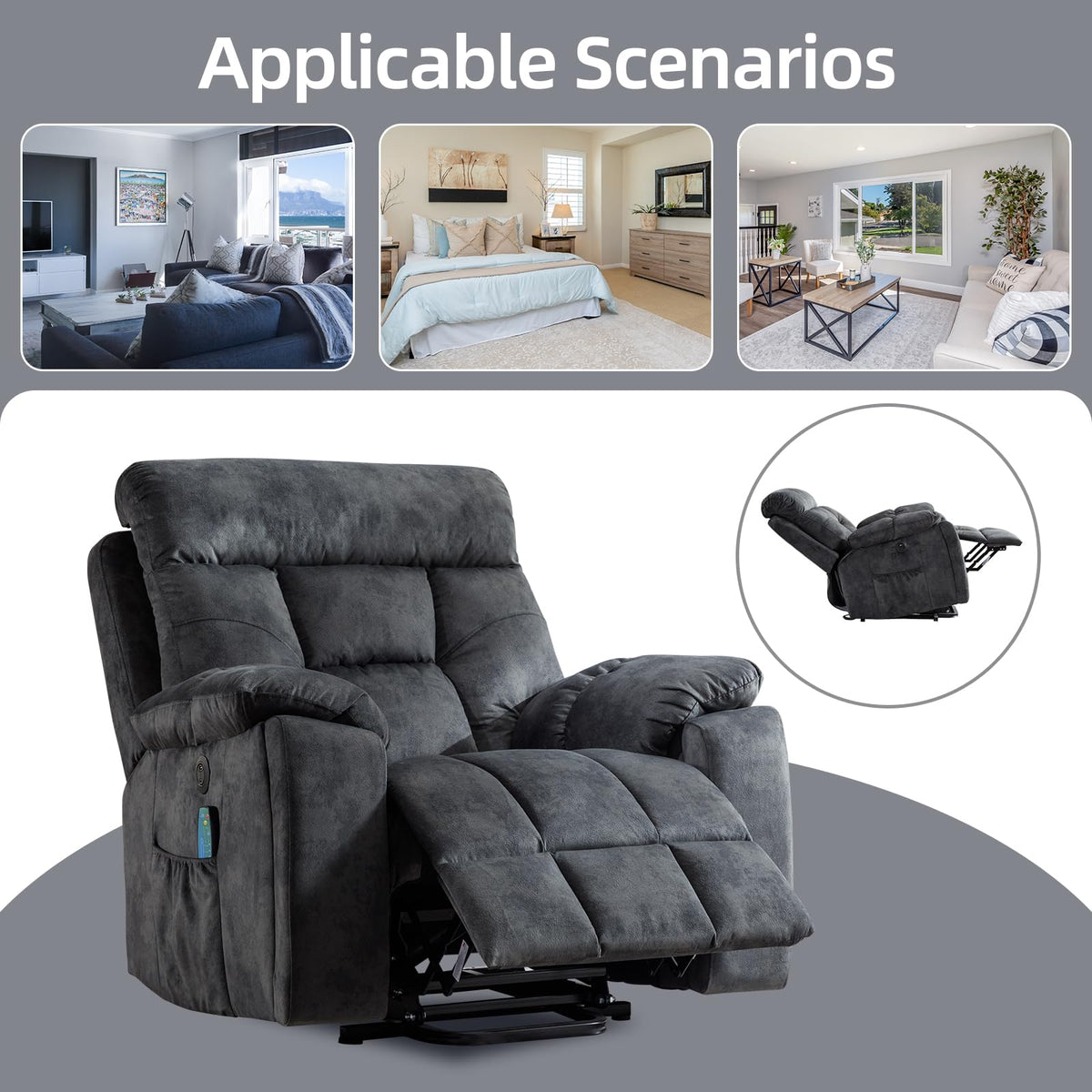 CANMOV Power Lift Recliner Chair with Massage & Heat for Big & Tall, Grey