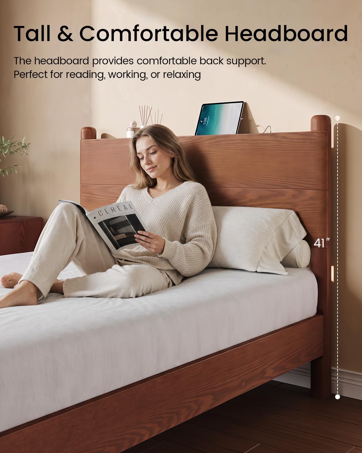 SUCSSRICH Solid Wood Full Size Bed Frame with Tall Headboard, Brown