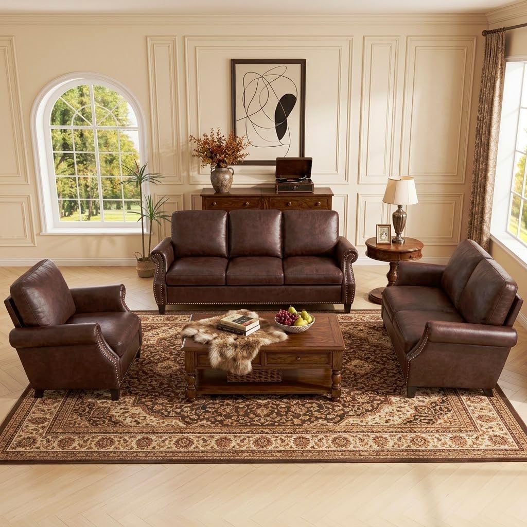 Brown PU Leather Sofa Set, 3-Piece
