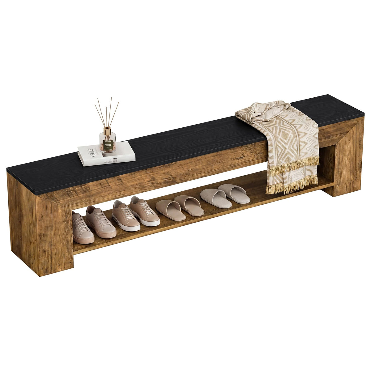 Tribesigns 71-Inch Extra Long Entryway Bench with Shoe Storage, Farmhouse Shoe Bench with 2 Shelves, Wooden Indoor Seating for Hallway, End of Bed, Living Room, Mudroom, Rustic Brown & Black