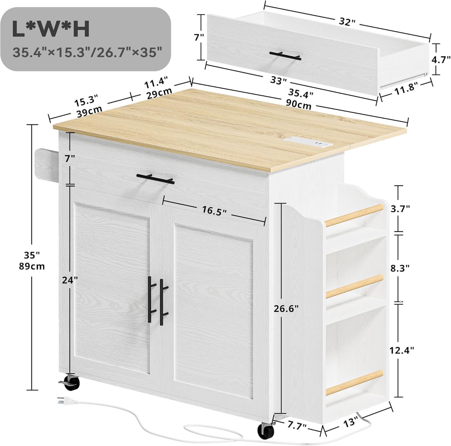 Kitchen Island with Storage & Drop Leaf on Wheels