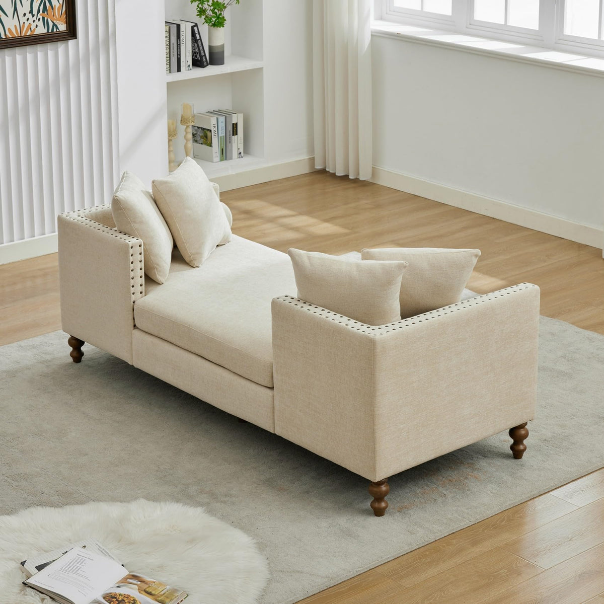 KEIKI 75" Chenille Indoor Chaise Lounge Chair with 4 Pillows, 2 Bolsters & Nailheads, Upholstered Sleeper Sofa Couch Day Bed, Rubber Wood Legs Daybed Recliner Bench for Living Room Bedroom Apartment