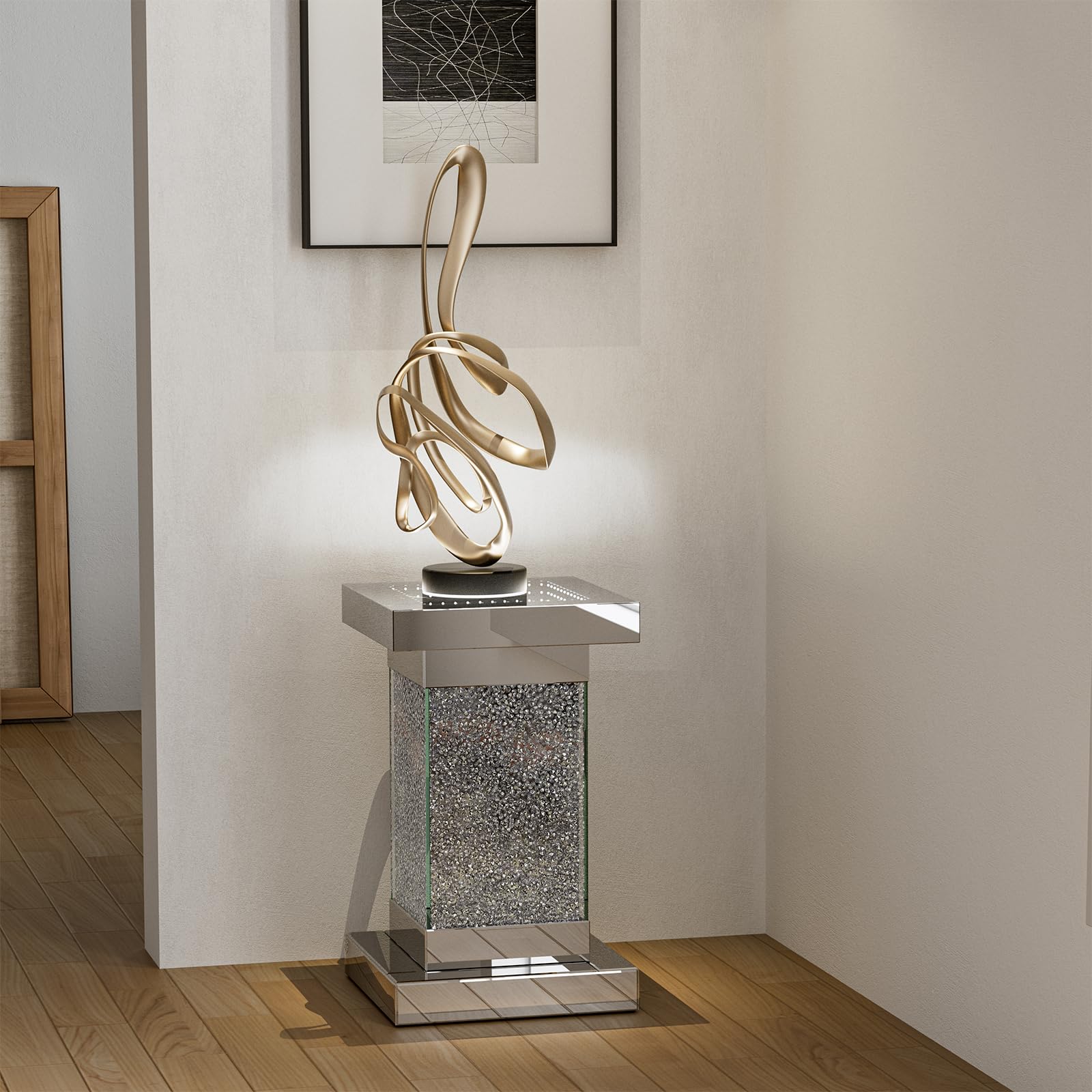 KZNGK Mirrored End Table Nightstand with LED Light, Modern LED Side Table with Crystal Diamond Inlay, Remote Control, 8 Colors Changing Light