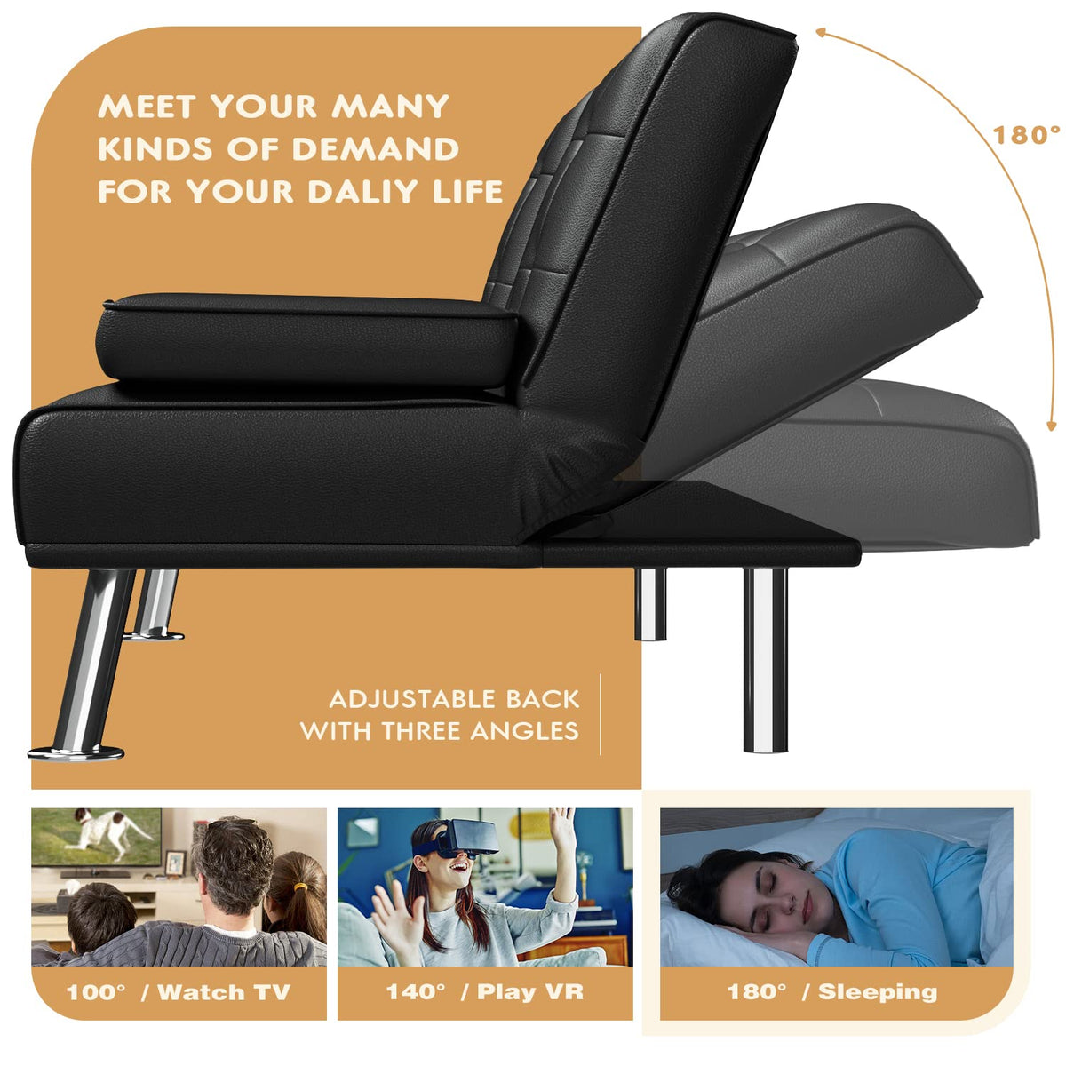 Black Faux Leather Futon Sofa Bed