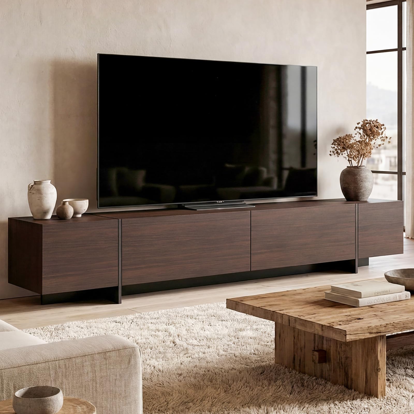 95.7" Wide TV Stand with Flip-Down Drawers