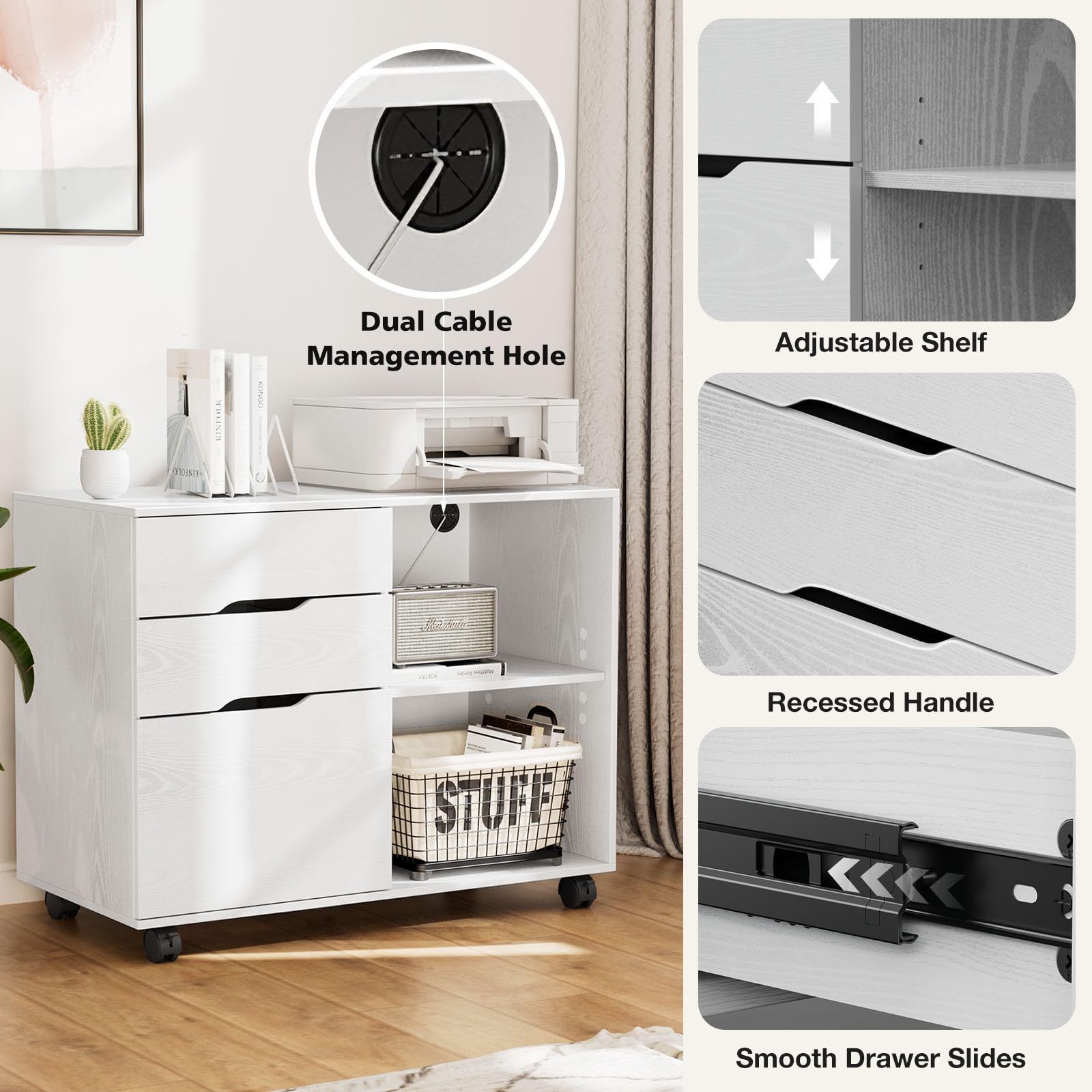 Rolling File Cabinet with 3 Drawers & Adjustable Shelf
