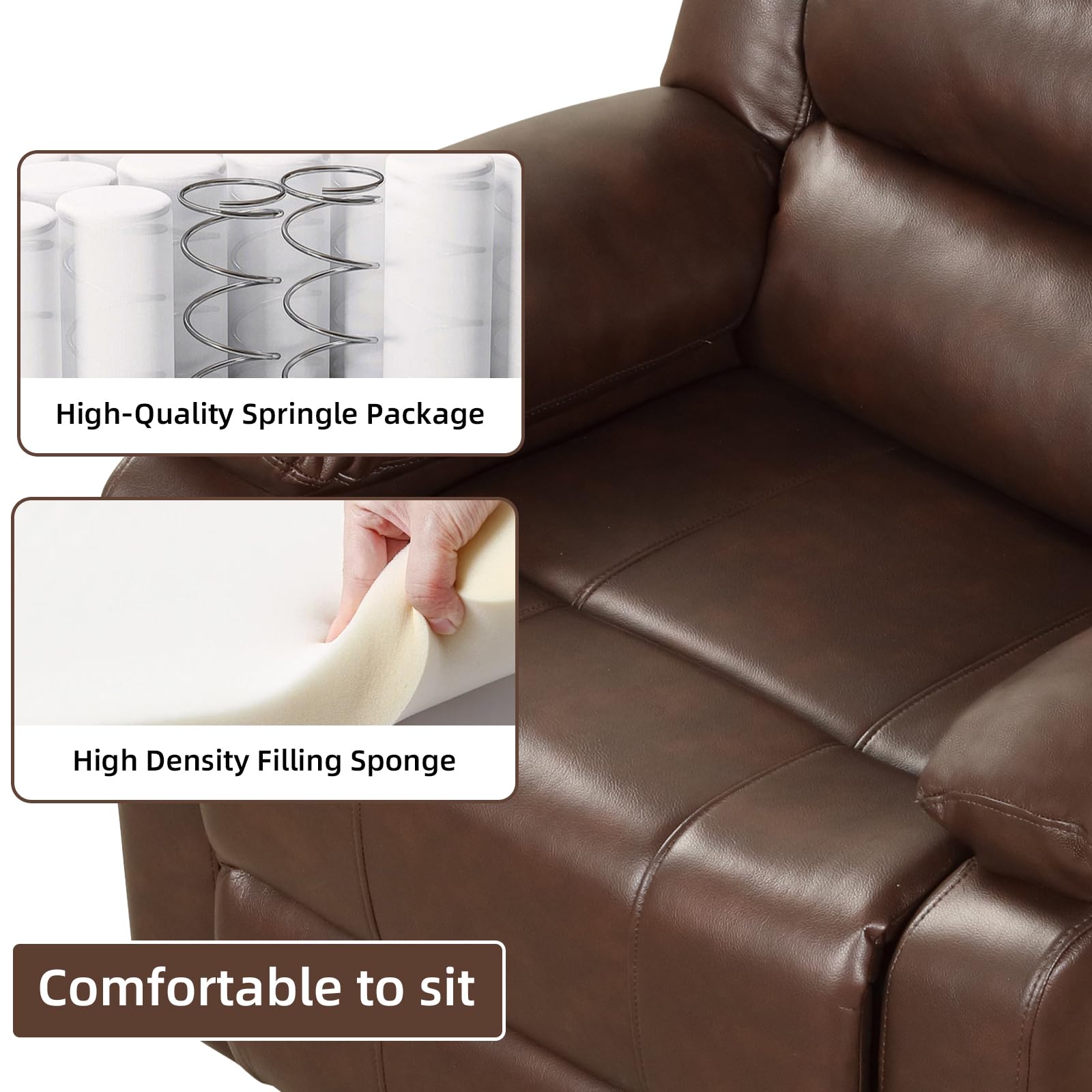 IOMOR Manual Recliner Chair with Overstuffed Arm and Extra-Padded Back, Breathable PU Leather Reclining Chair for Adults, Single Sofa for Living Room, Bedroom (Dark Brown)