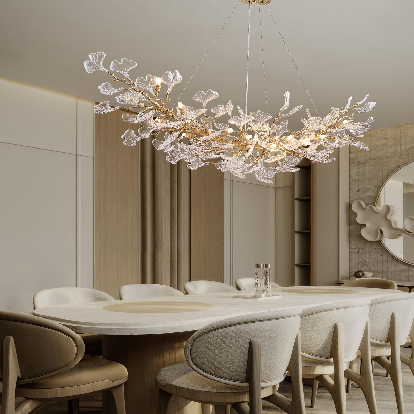 SHEKAITAO Modern Gold Crystal Chandeliers - L72 inch Rectangular Tree Branches Ceiling Pendant Light Fixtures, Natural Artistic-Style Ginkgo Leaf Chandelier for Dining Living Room Kitchen Island