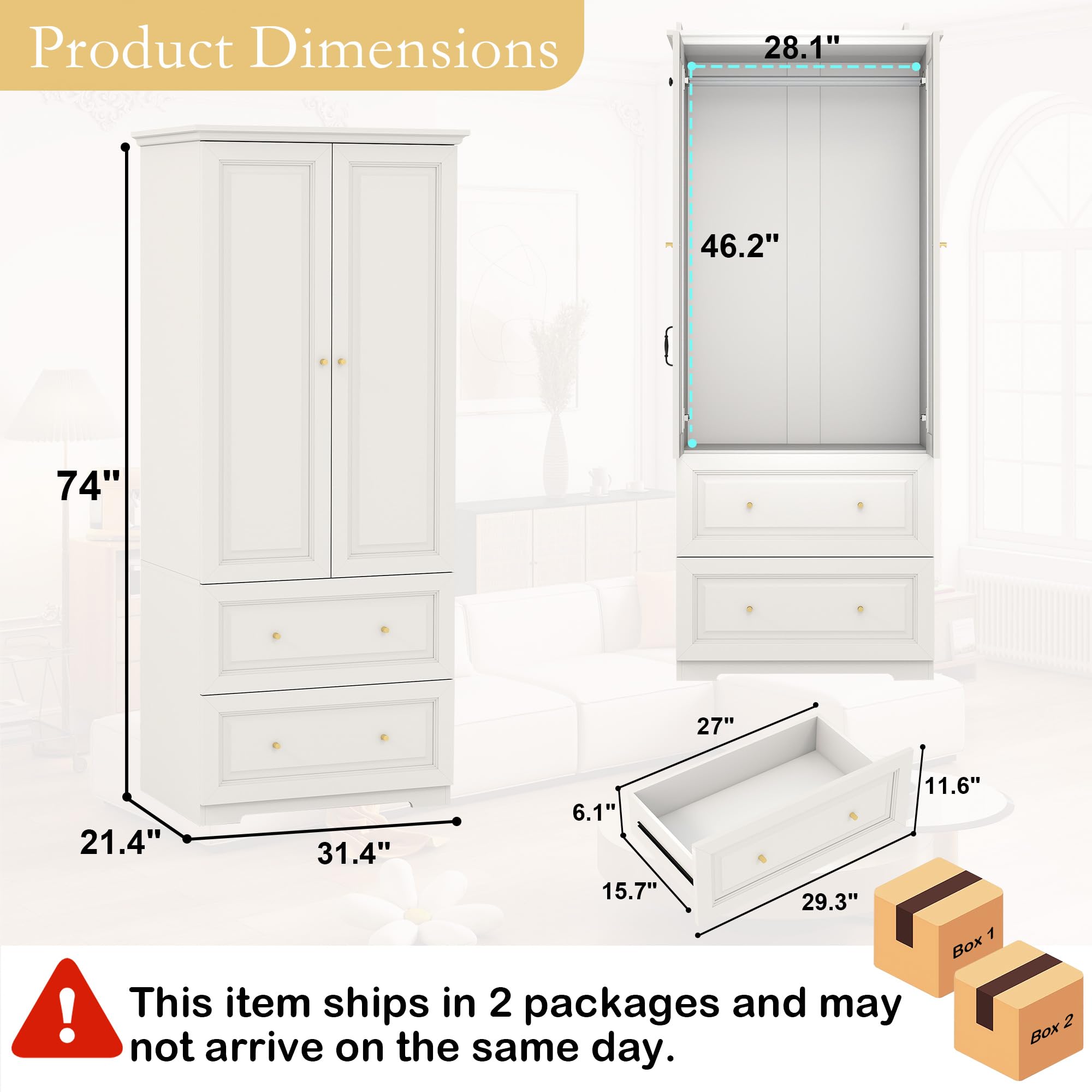 LABROSKIA White Wardrobe with 2 Drawers: 74" Wooden Wardrobe Closet for Hanging Clothes, Tall Armoire Closet with 2 Doors, Bedroom Armoires with Hanging Rod (32")