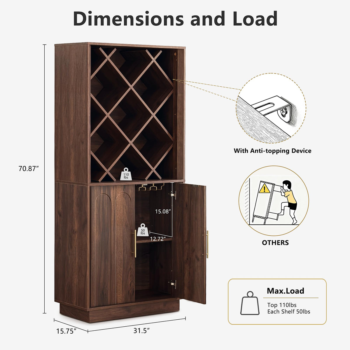 FORTUNETEC 70.87" Tall Liquor Cabinet, Diamond Wine Rack, Walnut