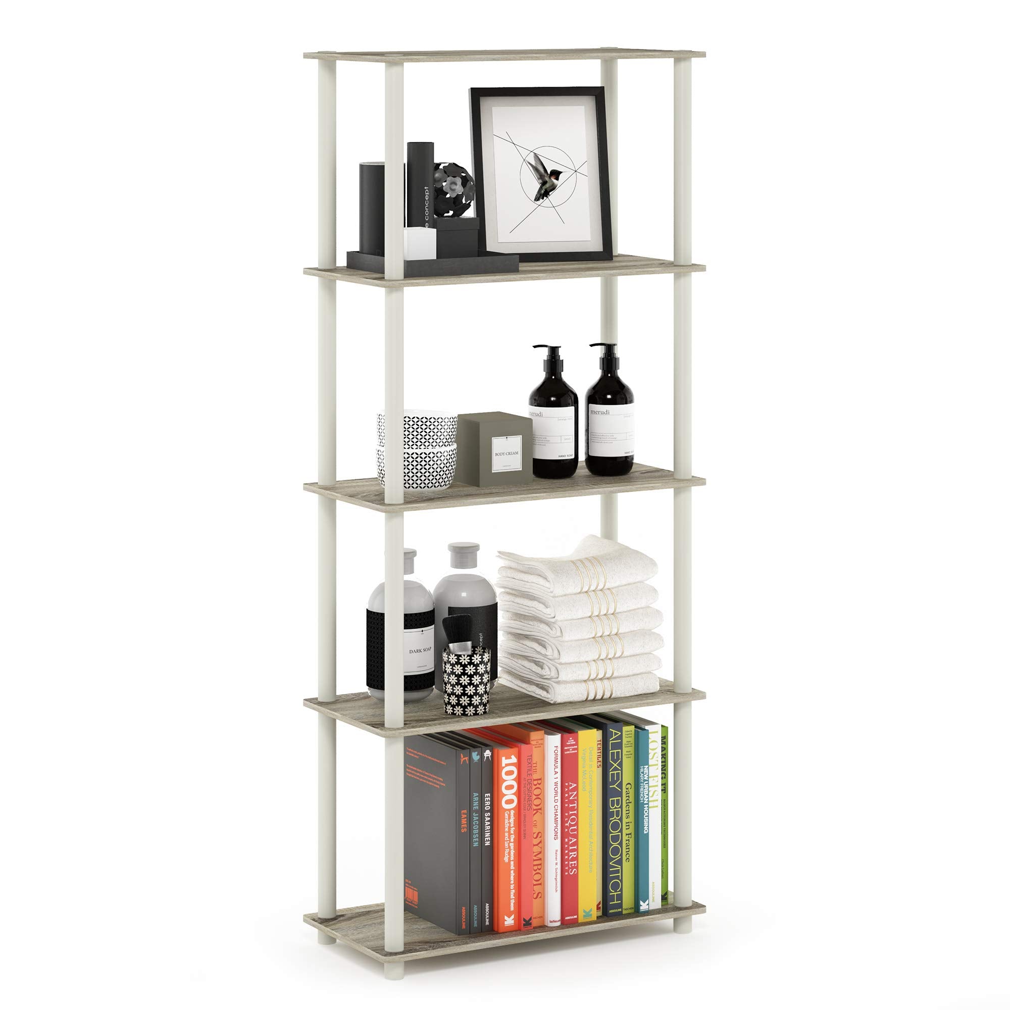 Furinno TURN-N-TUBE Storage Shelves, 5-Tier Book Shelf, Corner Shelf, Toolless Open Shelves, for Organization and Storage, Living Room, Garage, Home Office, Sonoma Oak