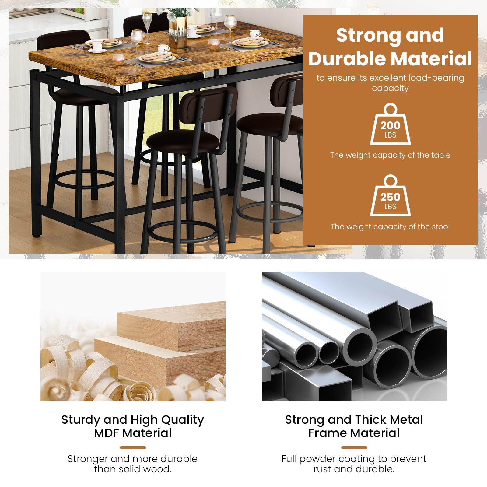 Industrial Bar Table & Chair Set for 4