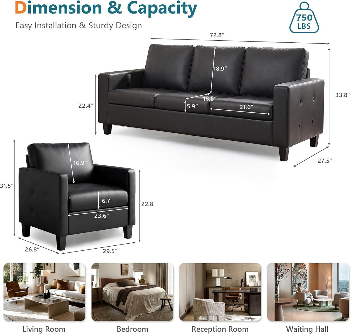 Black Faux Leather Sofa and Chair Set