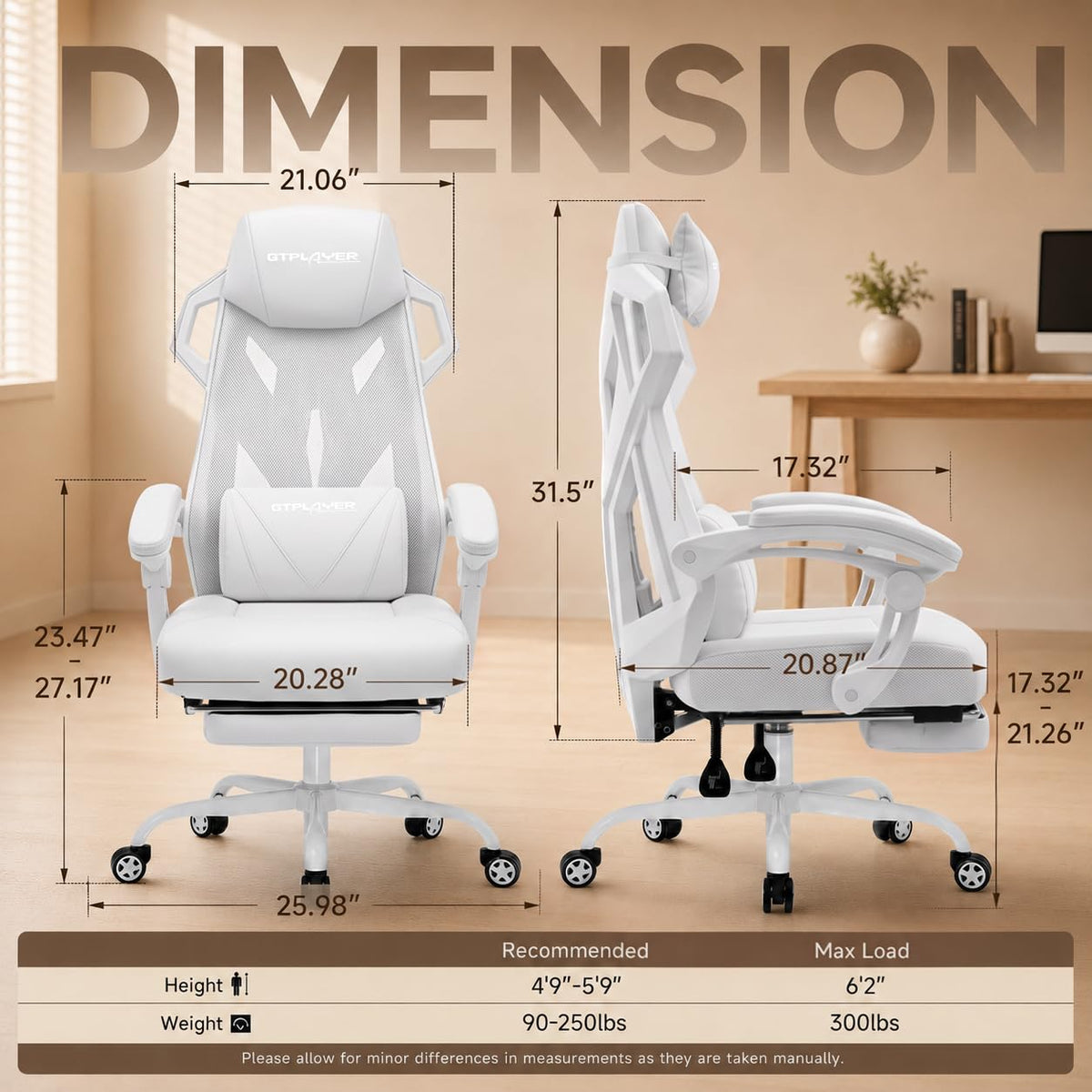 GTPLAYER Office Gaming Chair, Ergonomic Mesh Desk Chair W/Footrest for Adults, WT