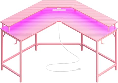 L-Shaped Gaming Desk with LED Lights & Power Outlets