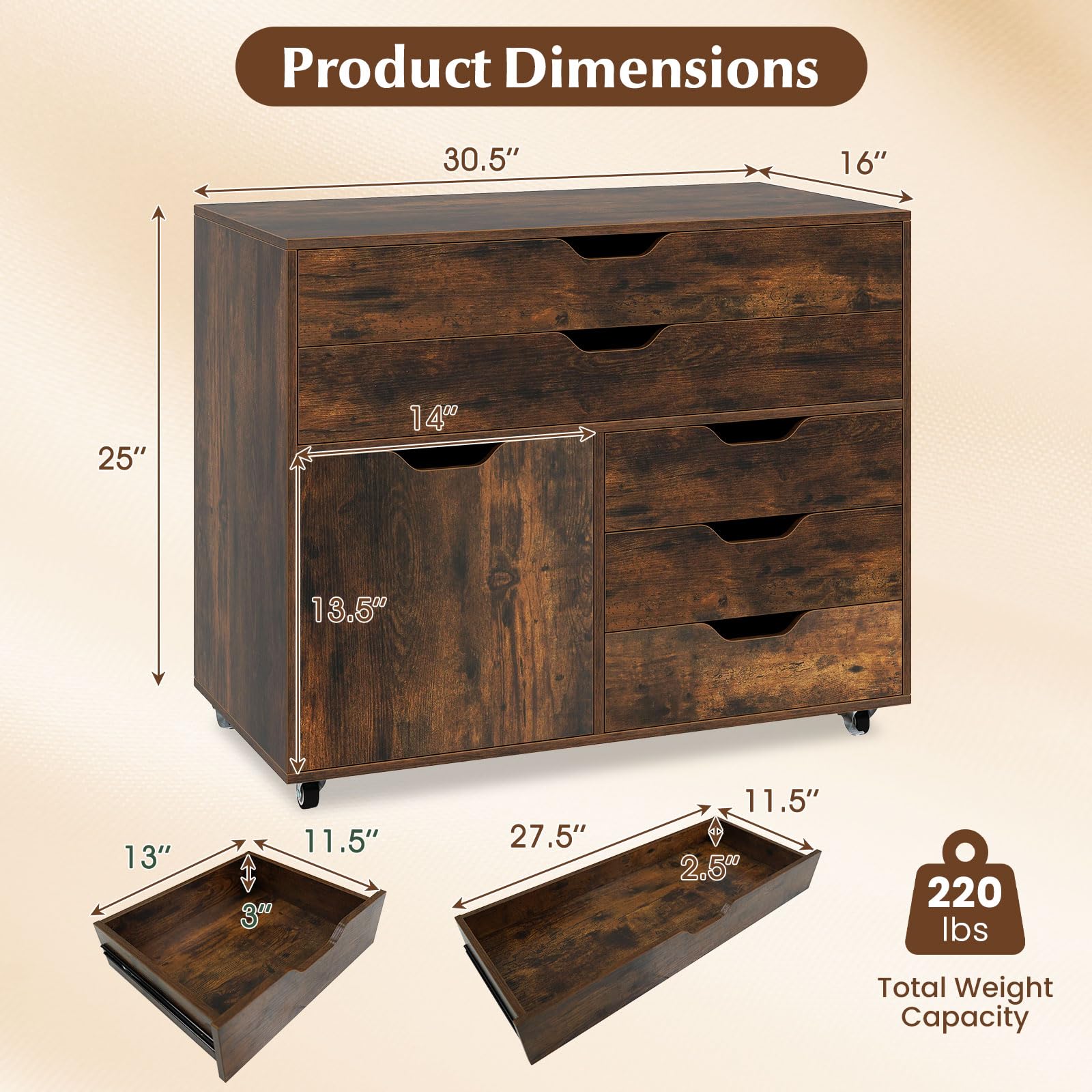 Rolling File Cabinet with 5 Drawers & Side Cabinet
