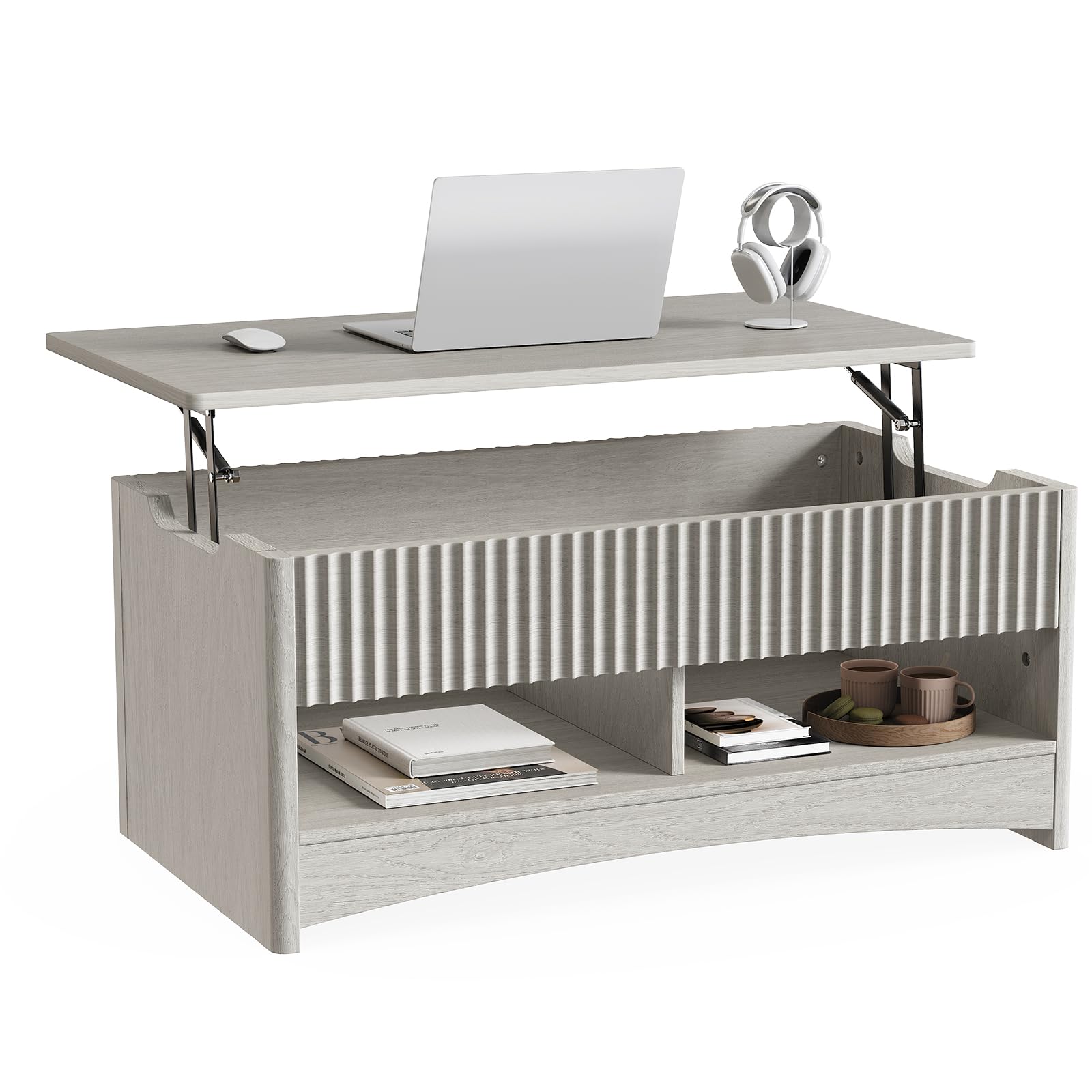 Marsail Lift-Top Coffee Table, Fluted Center Table with Hidden Compartments, Smooth Lifting & Space-Saving Design, Versatile Wood Coffee Table for Living Room and Office, Grey