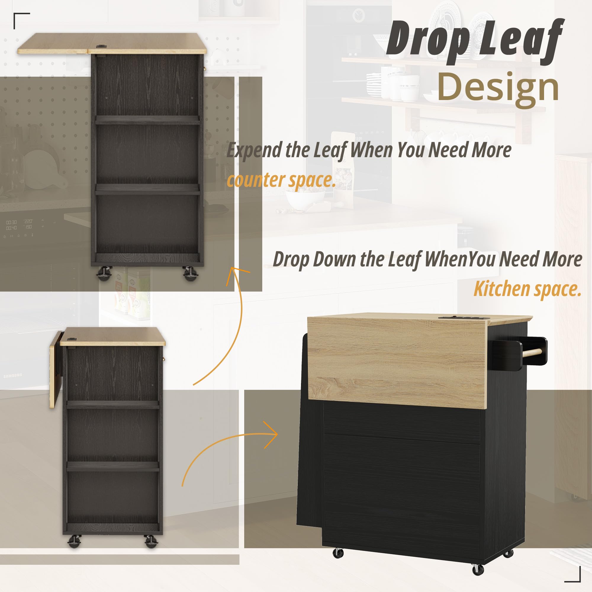 Kitchen Island Cart with Storage & Power Outlet