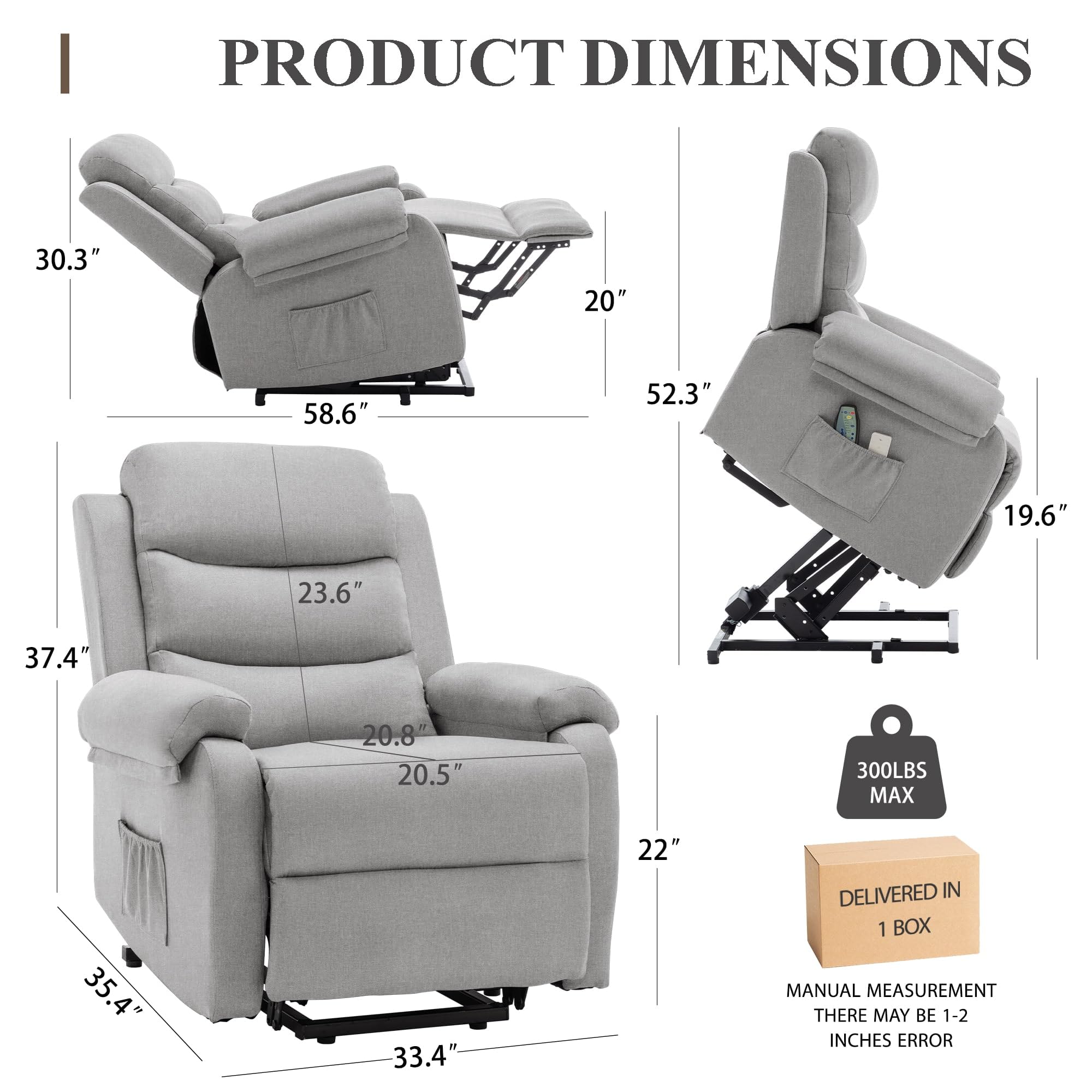Korser Power Lift Recliner Chair for Elderly, Electric Lift Chair for Adults, Small Recliner with Side Pockets for Living Room Reading Room, Recliner Saves Your Favorite Position, Lightgrey