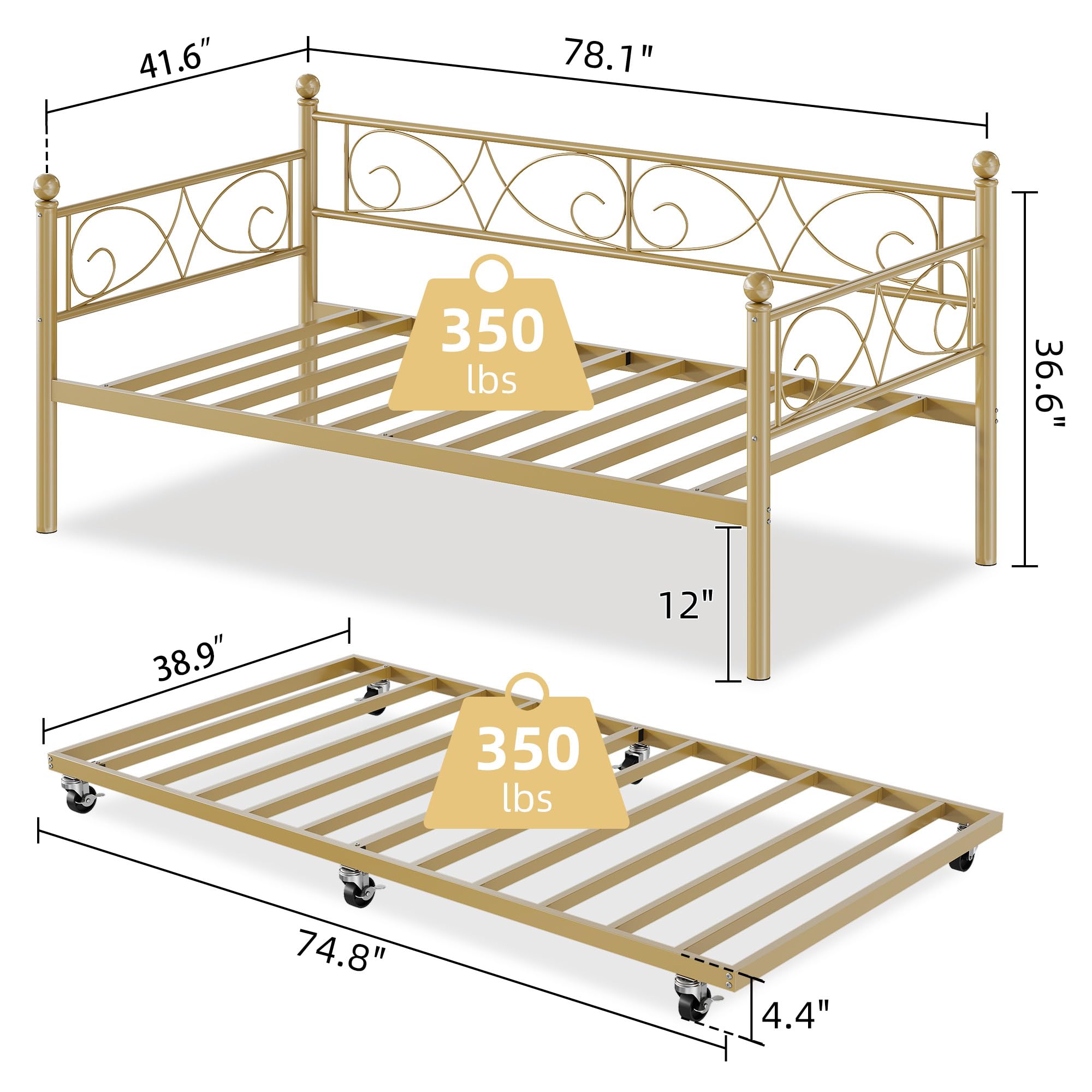 IDEALHOUSE Twin Daybed with Trundle, Metal Trundle Bed, Sofa Bed Frame, Heavy Duty Metal Slats, for Living Room, Bedroom, Guest Room, Space Saving, Gold