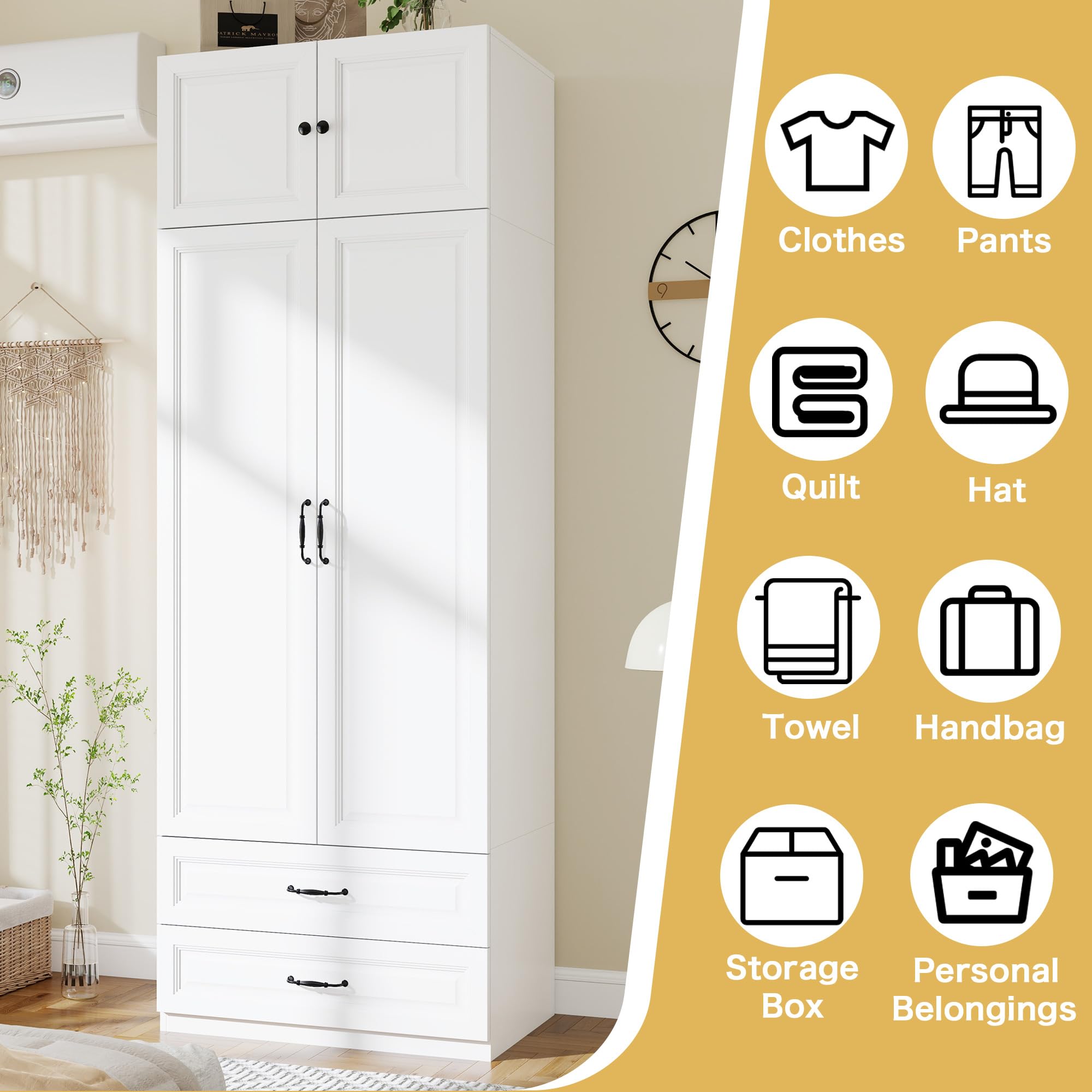 LABROSKIA Armoire Wardrobe Closet with Doors: 89" Extra Tall White Wardrobe with Storage on Top, Bedroom Armoires with 2 Doors and 2 Drawers, Large Wood Closet Armoire for Hanging Clothes
