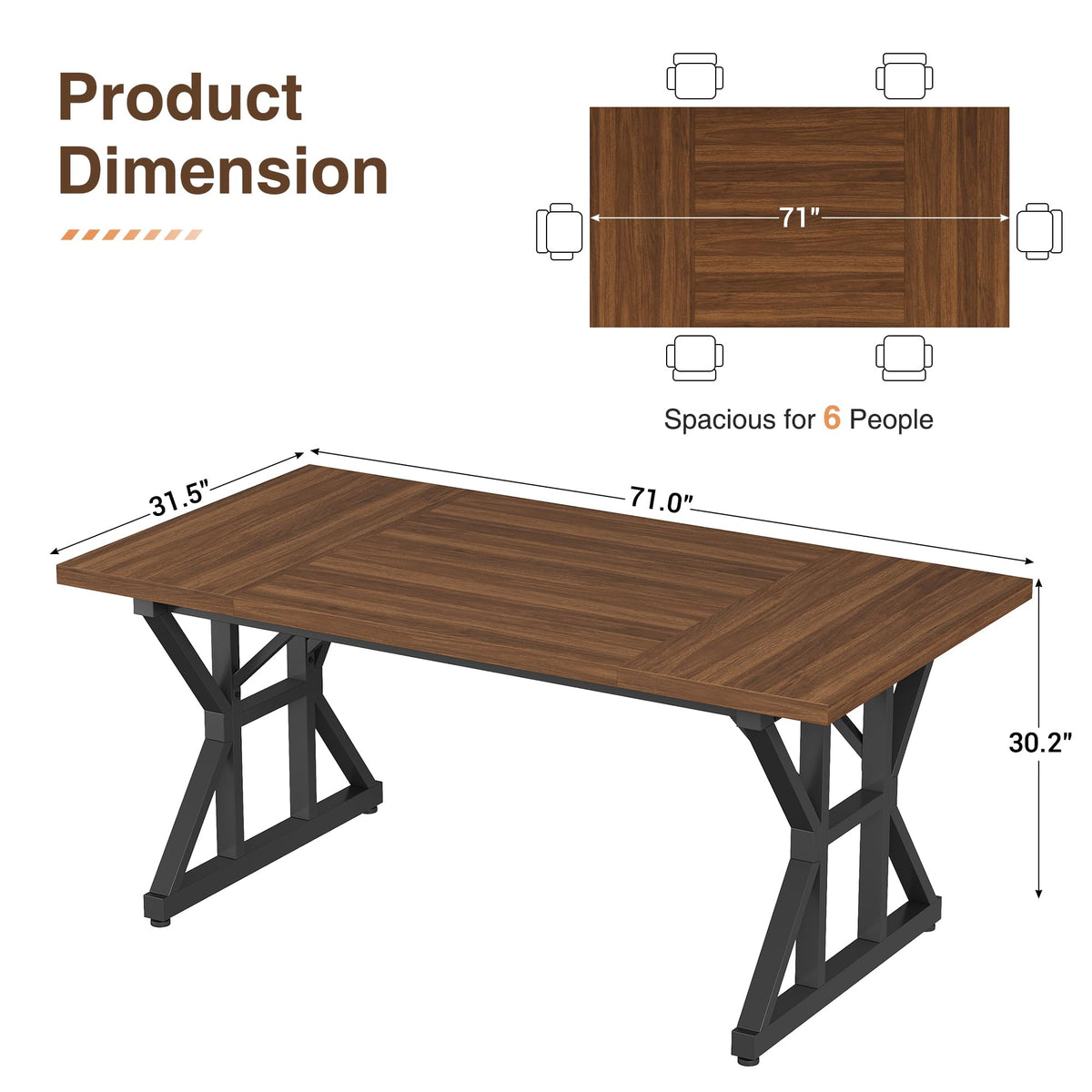 YOUDENOVA 71 Inch Executive Desk, Large Computer Office Desk Workstation with Thick Desktop & Heavy Duty Metal Legs, Modern Industrial Writing Study Table for Home Office (Deep Brown/White)