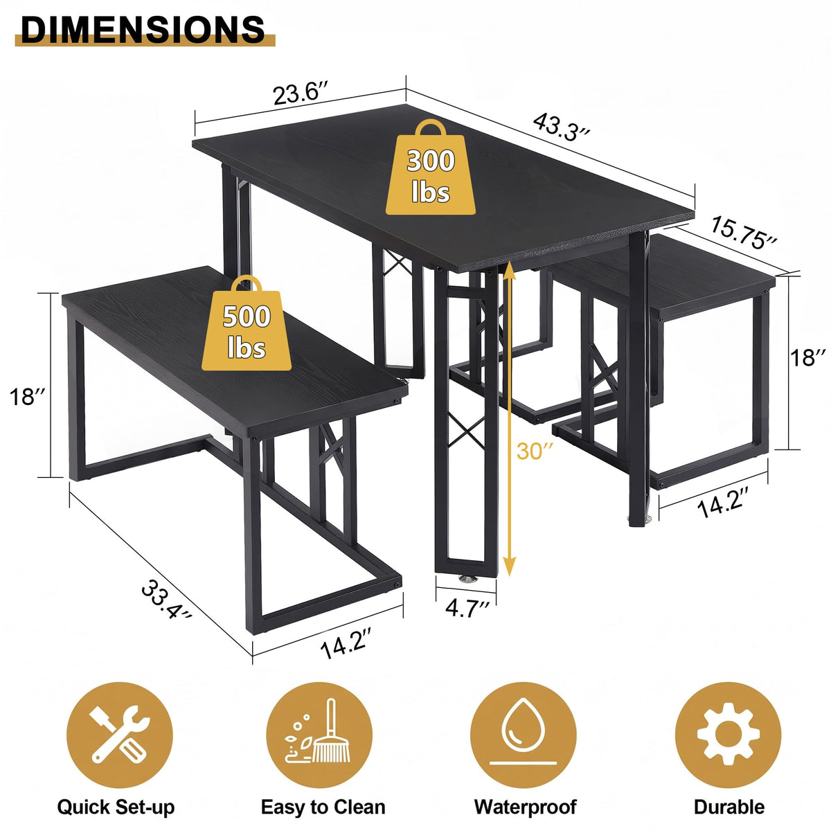 VECELO 43.3" Dining Table Set for 4, Space-Saving Kitchen Table with 1 Bench and 2 Stools, Tuck-Away Seating, Rustic Farmhouse Style, Adjustable Foot Pads, Black