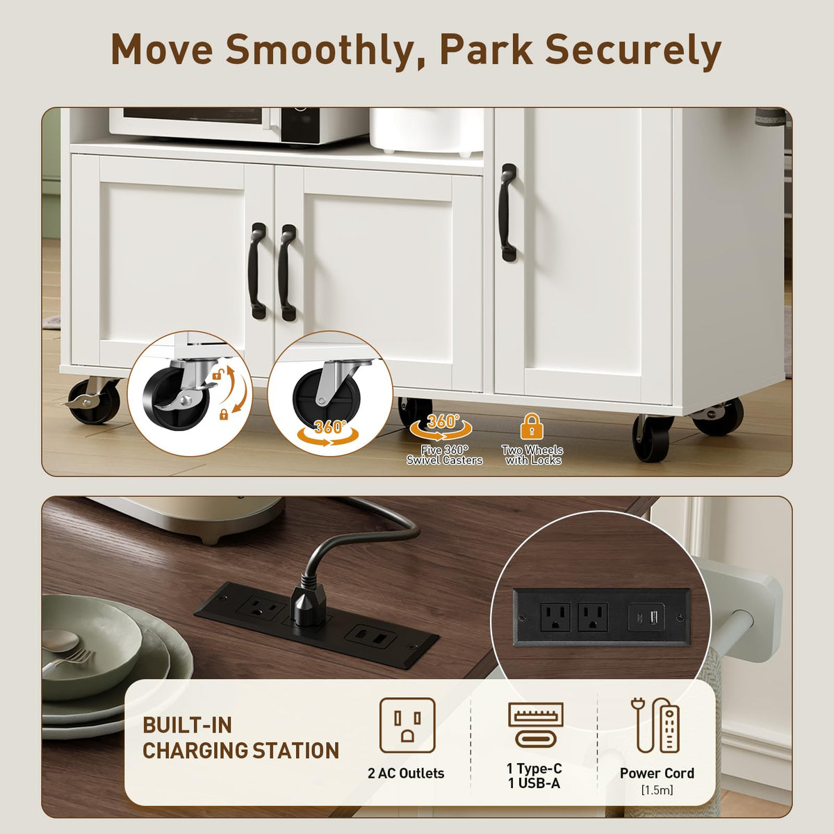 RALGEND Rolling Kitchen Island Cart with Drop Leaf & Power Outlet, Mobile Kitchen Island on Wheels, Island Table with Storage Cabinet, Microwave Shelf & Wine Rack for Kitchen, White and Walnut