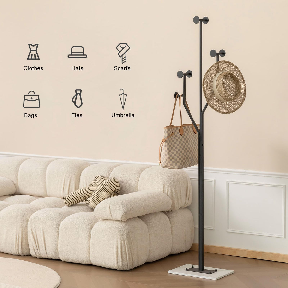JIAYUEJU Freestanding Coat Rack Marble Base Coat Tree Heavy Duty(Black)