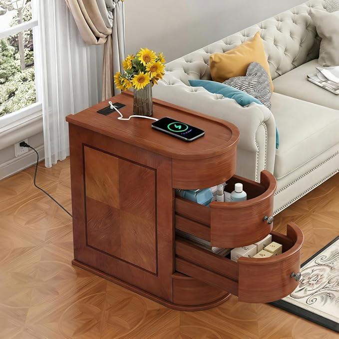 Narrow End Table with Charging Station & 2 Drawers