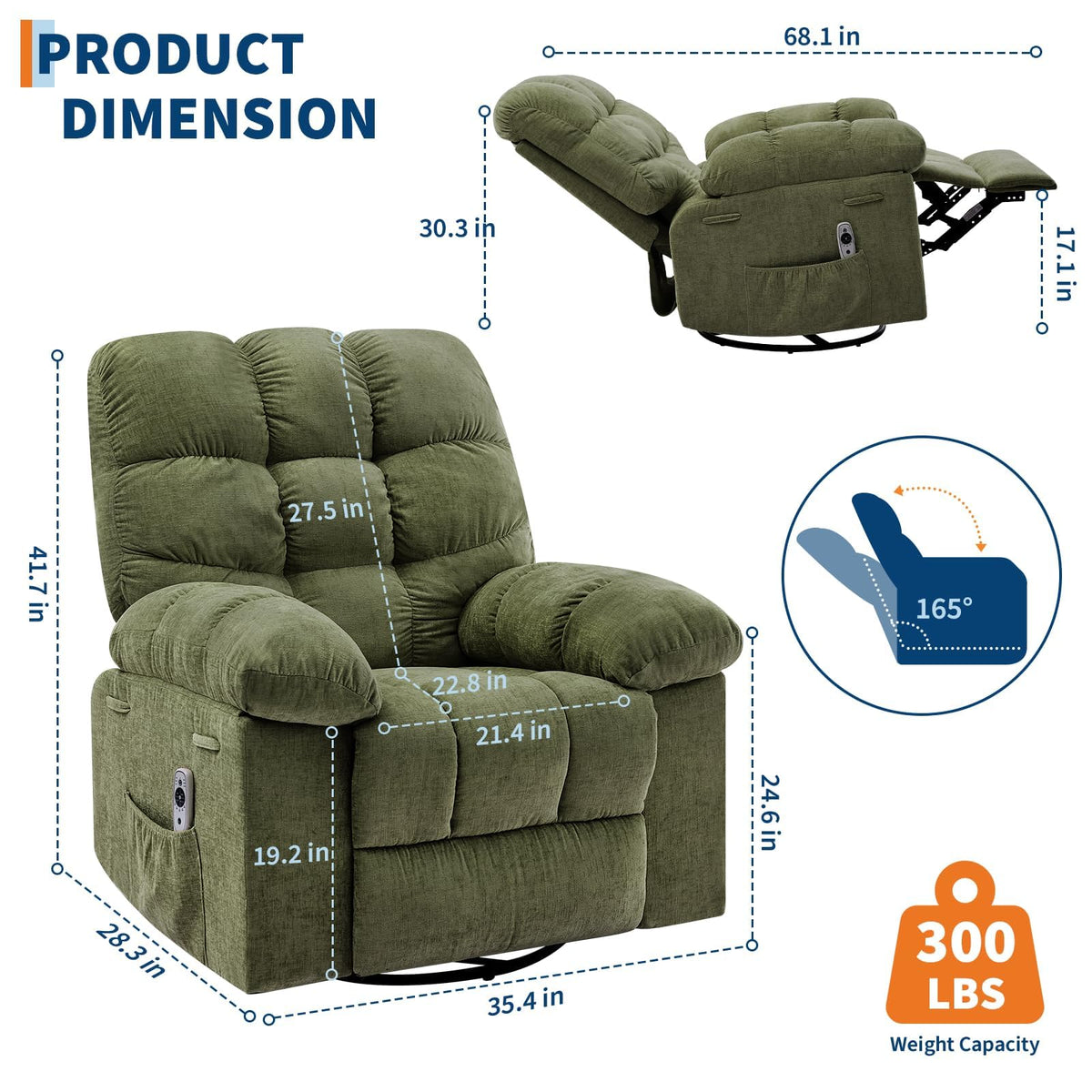 Rocking Recliner Chair with Massage, Heat and 360° Swivel Function