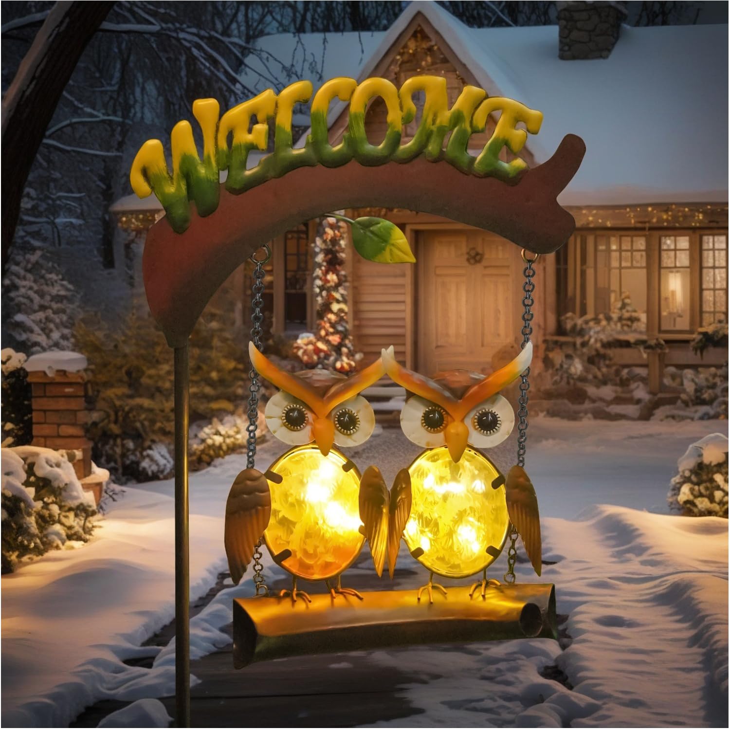 Solar Owl Swing Garden Stake Light with Welcome Sign