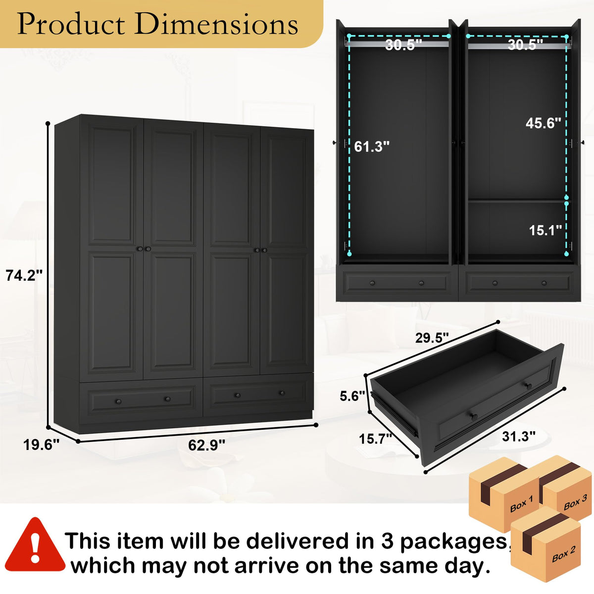 Black Wardrobe Armoire with 2 Drawers