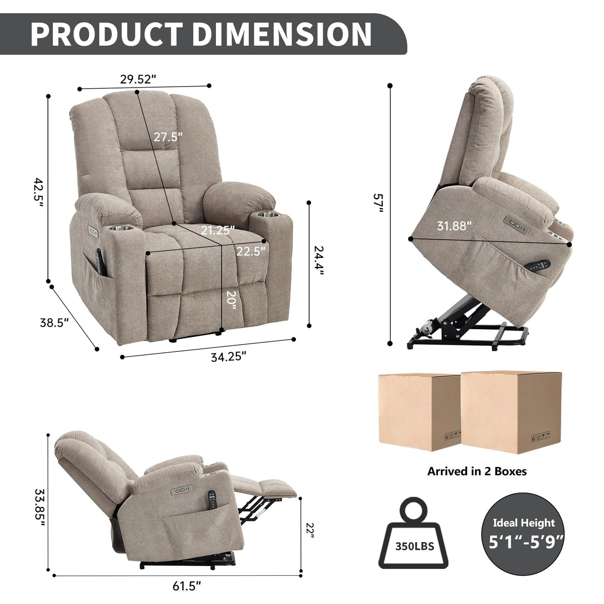 Power Lift Recliner Chair for Elderly with Massage & Heat, Chenille, Khaki