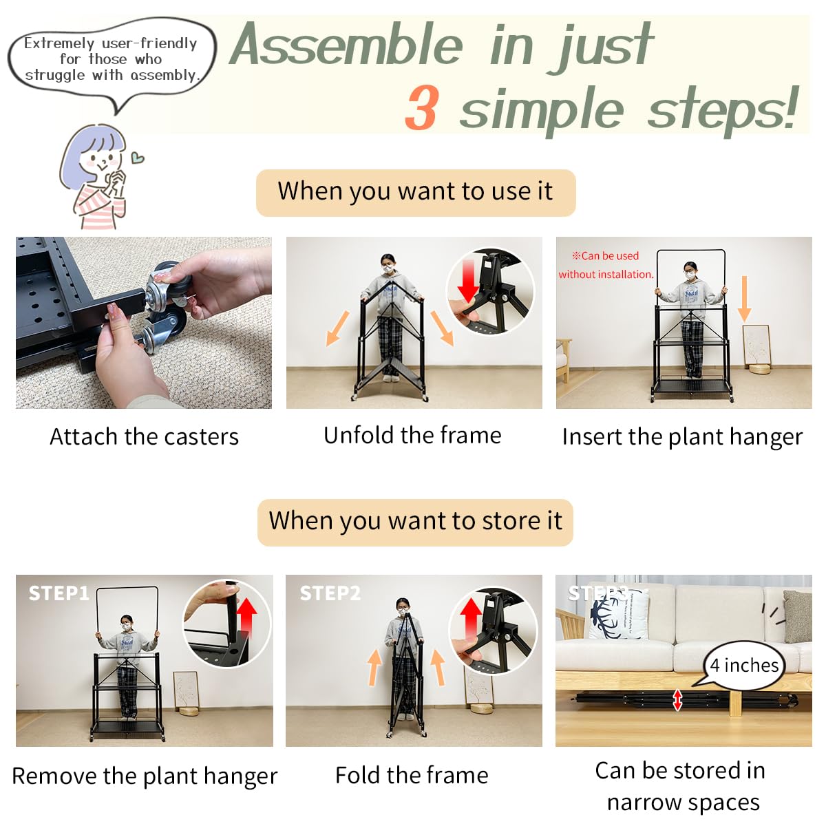 Foldable 4-Tier Plant Stand with Wheels