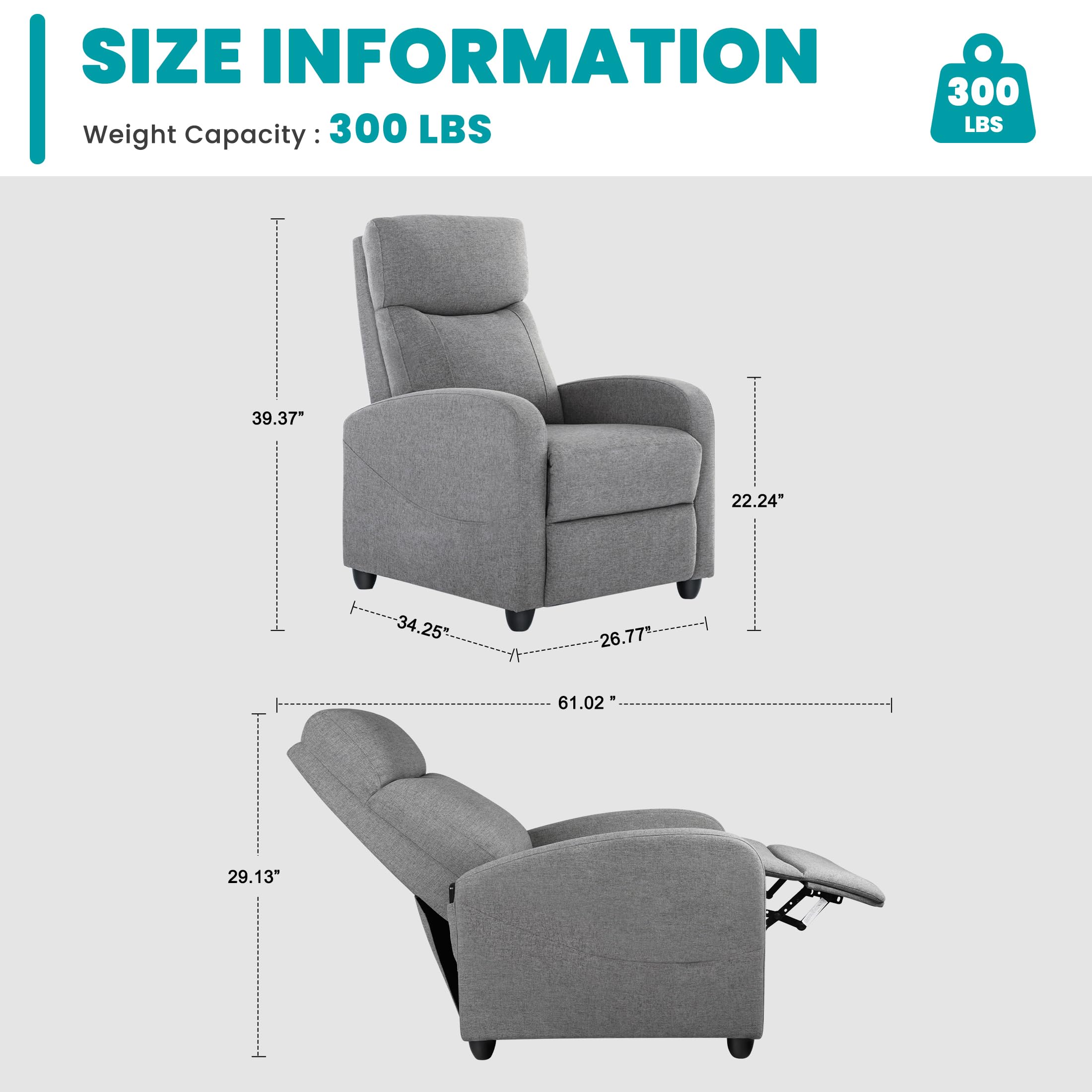 Sweetcrispy Recliner Chair Fabric Recliner Sofa No Massage, Home Theater Seating with Lumbar Support, Adjustable Push Back Overstuffed High-Density Sponge Reclining for Living Room, Grey