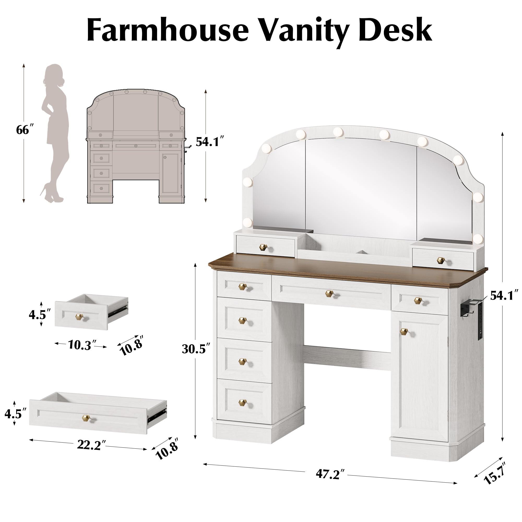AMBERHAUS Farmhouse Makeup Vanity Desk with Mirror and Lights, 47'' Vanity Table with 8 Storage Drawers 1 Cabinet & 2 Organizer Trays, Large Dressing Table with Charging for Bedroom Rustic White