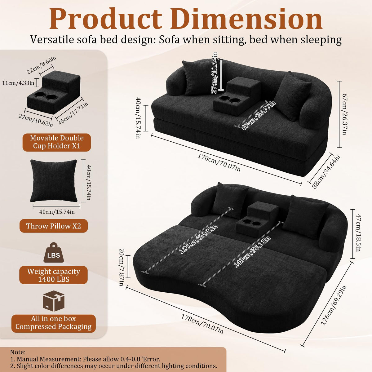CUBIOU 70" Convertible Sofa Bed, Boneless Futon Sleeper Loveseat Couch