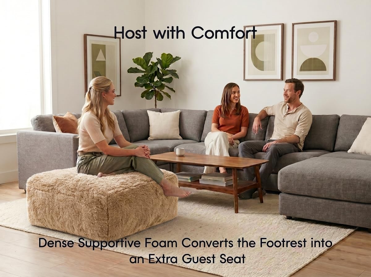 TIRSTICE Oversized Square Ottoman, 31.5" Boneless Ottoman in Luxury Faux Fur, Large Cloud Pouf Footrest for Living Room, Safe Soft Foam Stool & Coffee Table, No Assembly (Light Khaki)