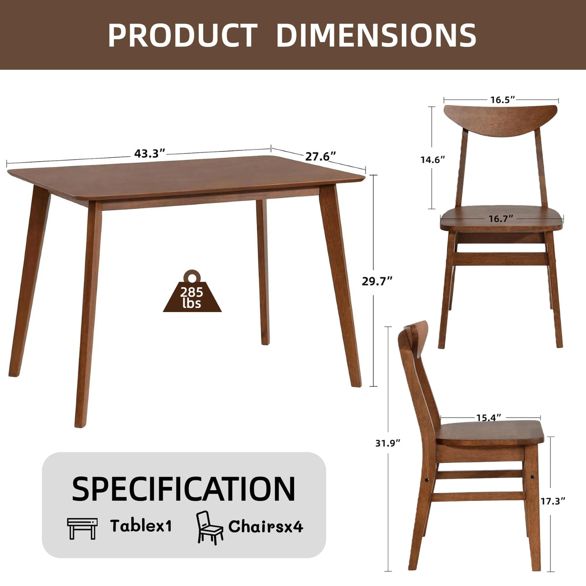 DUHOME Wood Dining Table Set for 4, 43.3" Solid Wood Kitchen Table & 4 Curved Back Support Chairs, Farmhouse Natural Kitchen Table and Chairs for Small Apartment, Dining Room Kitchen