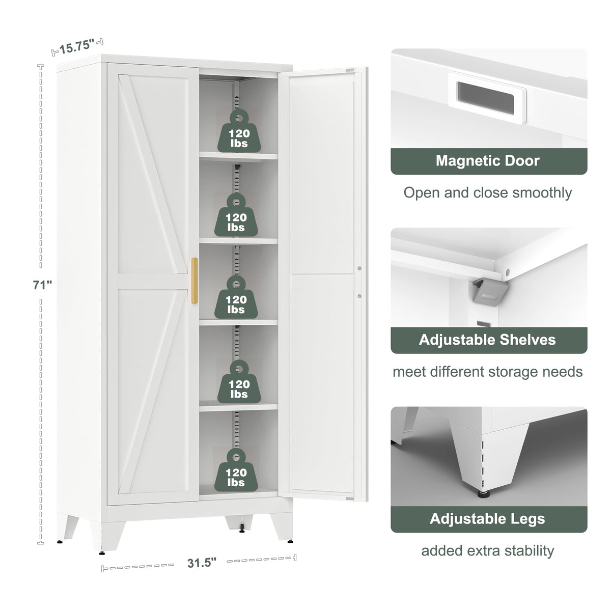 Washsemba 71'' Farmhouse Metal Storage Cabinet with Barn Doors,Steel File Cabinet for Home Office,Kitchen Pantry 4 Adjustable Shelves,Freestanding Cupboard for Kitchen,for Home Office,School (White)